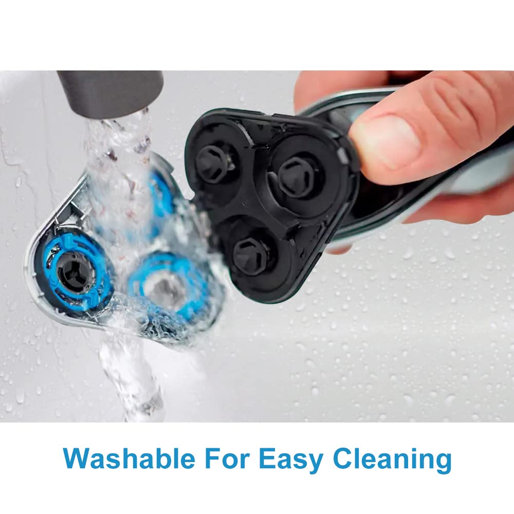 Demonstration of rinsing the waterproof replacement shaver heads under running tap water.