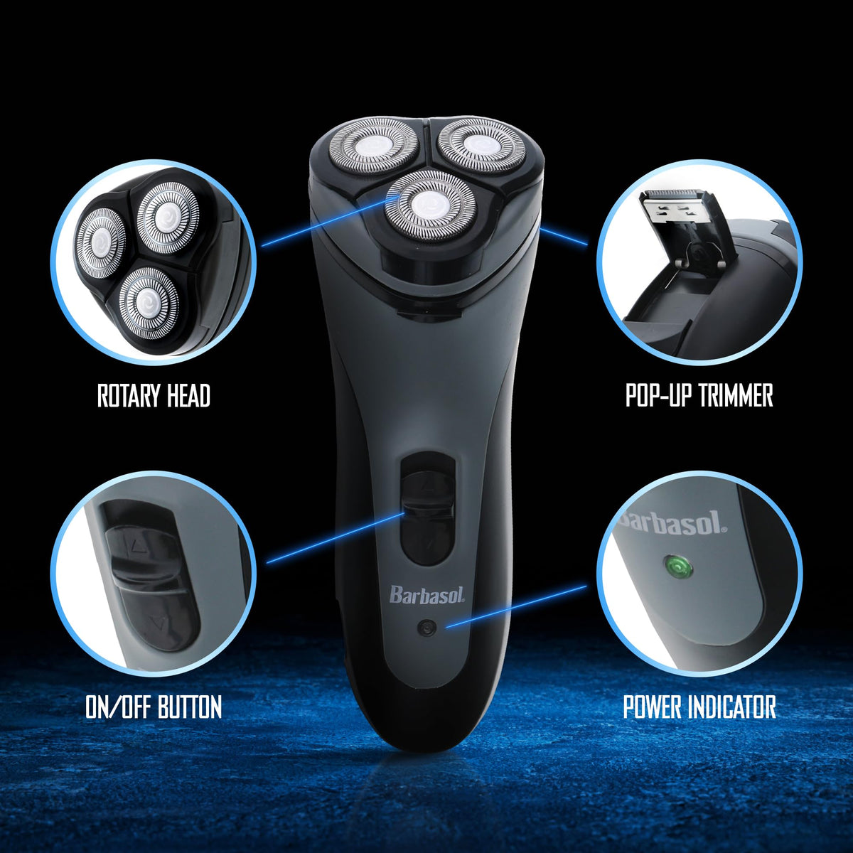Barbasol electric shaver showing the pop-up trimmer feature