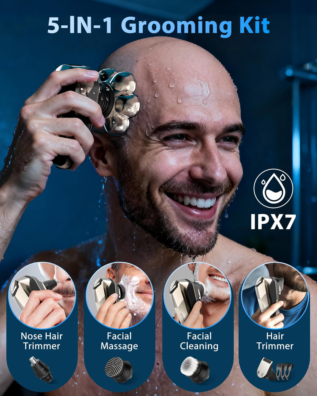 Close up of 7D rotary shaving head and digital display