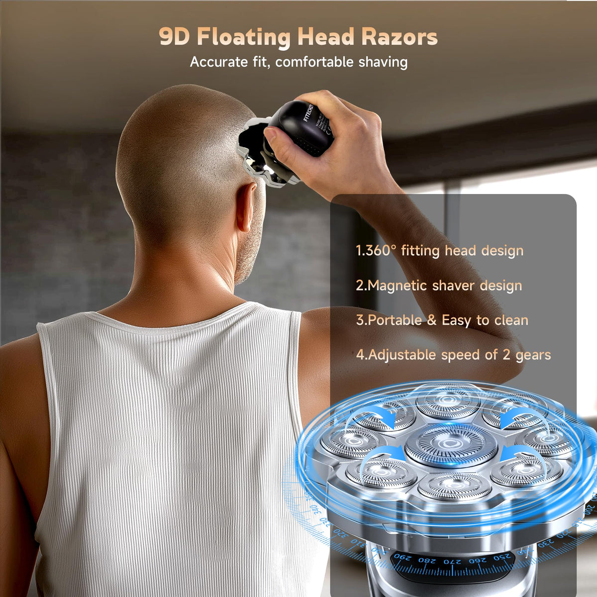 Close up of 9D floating rotary blades on Haslife shaver