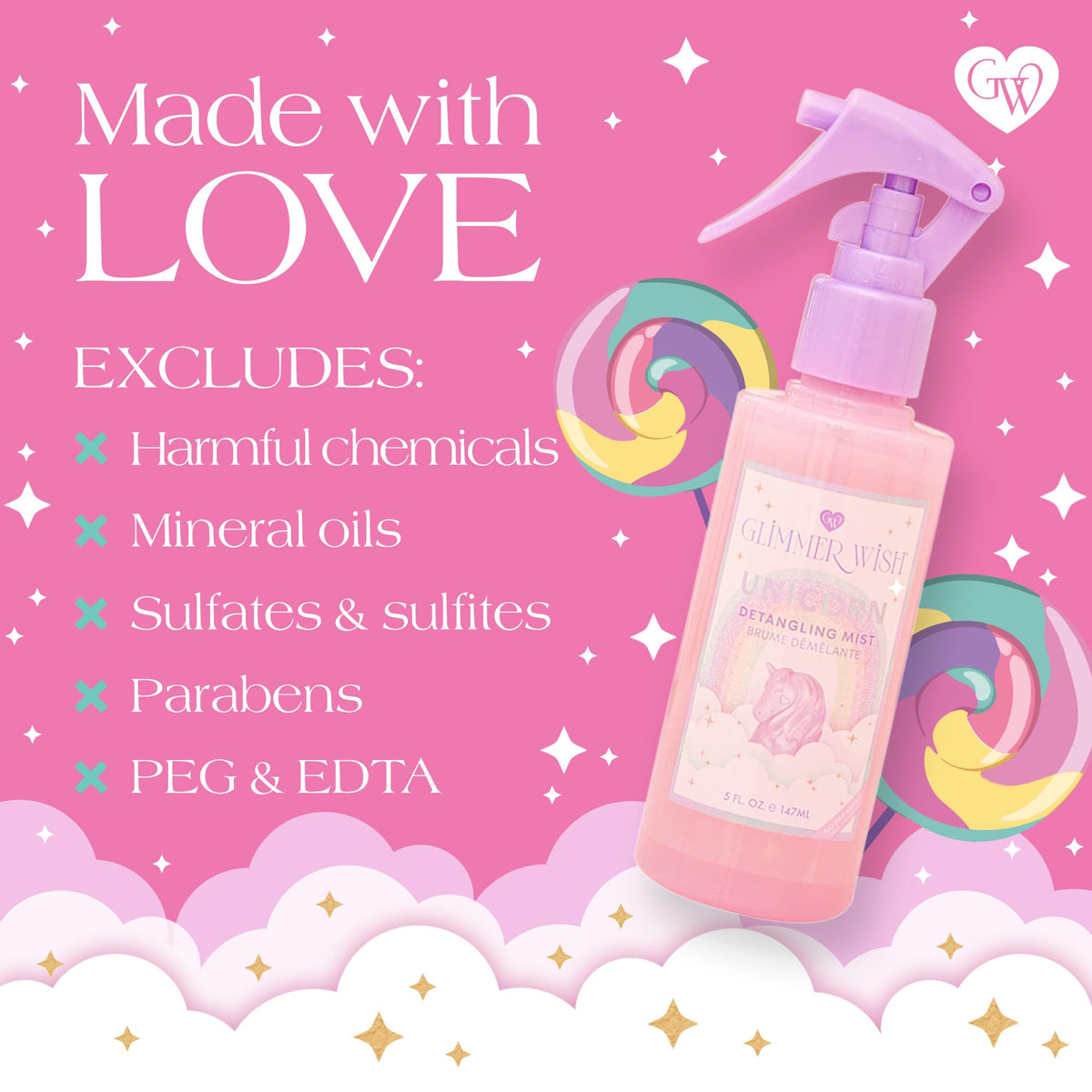 Glimmer Wish 5 fluid ounces bottle highlighting natural coconut oil components