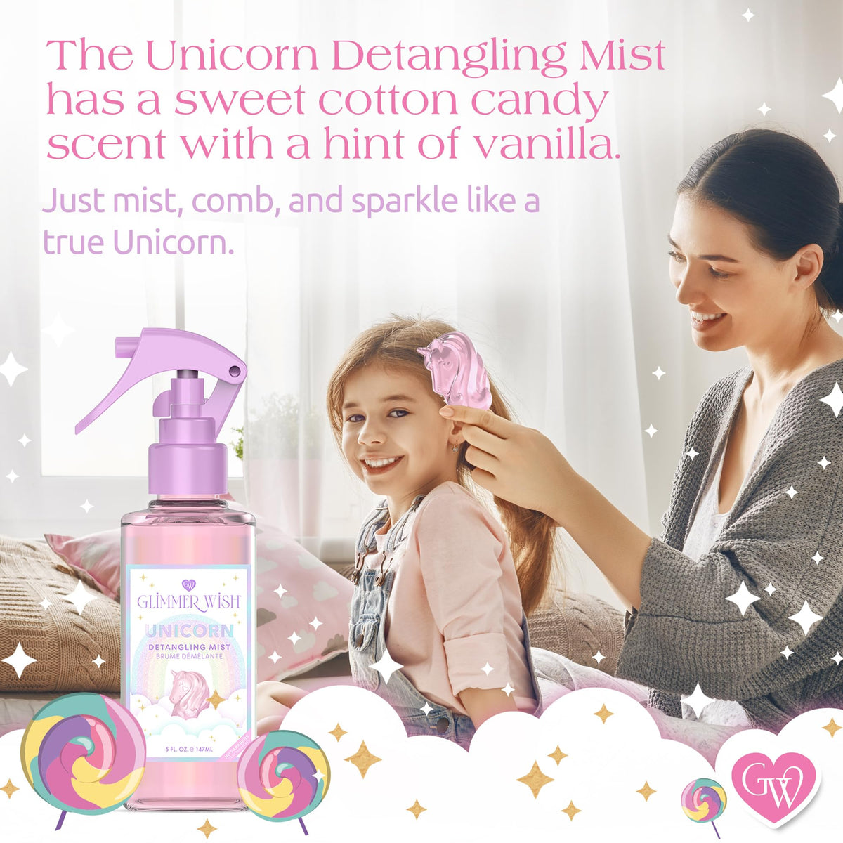 Tangle free detangling mist applied to long wavy hair for smooth brushing