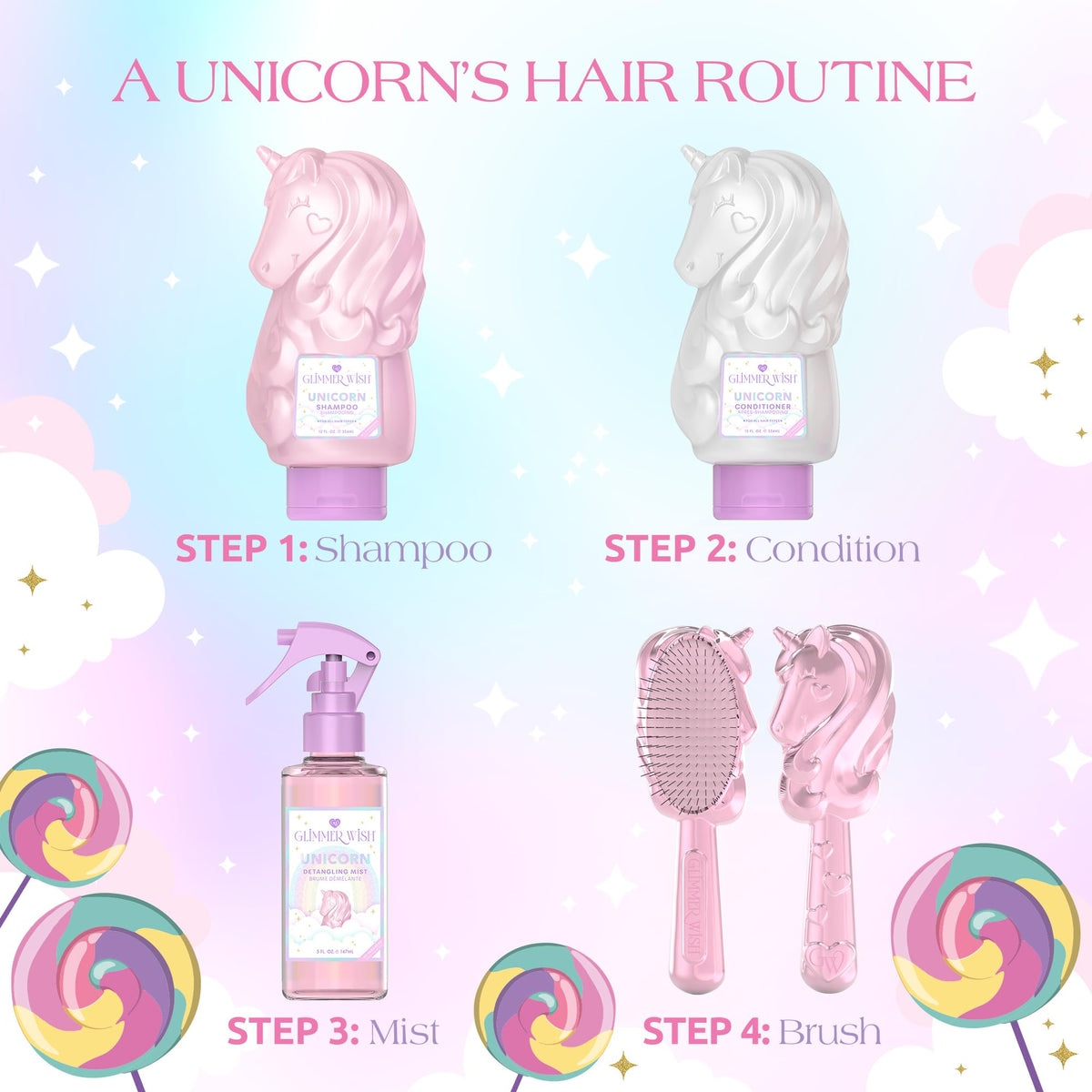 Glimmer Wish brand personal care collection displaying the unicorn theme label