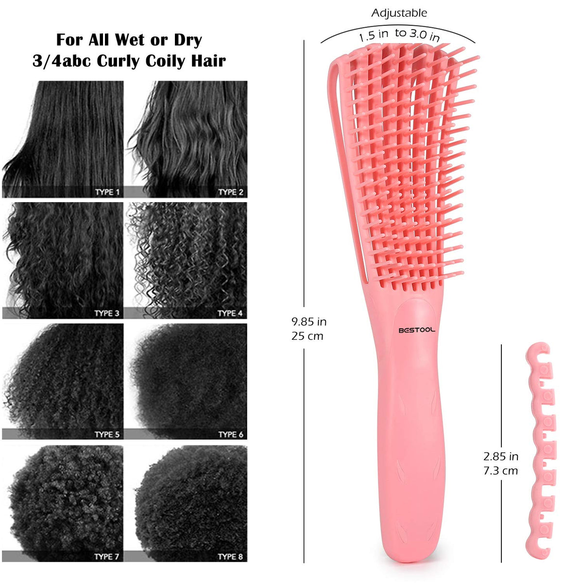 BESTOOL detangling brush with the control bar inserted to adjust bristle firmness for coily hair.