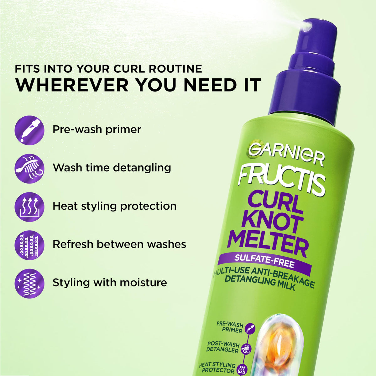 Garnier sulfate free curl detangling milk close up view highlighting vegan protein and coconut oil ingredients