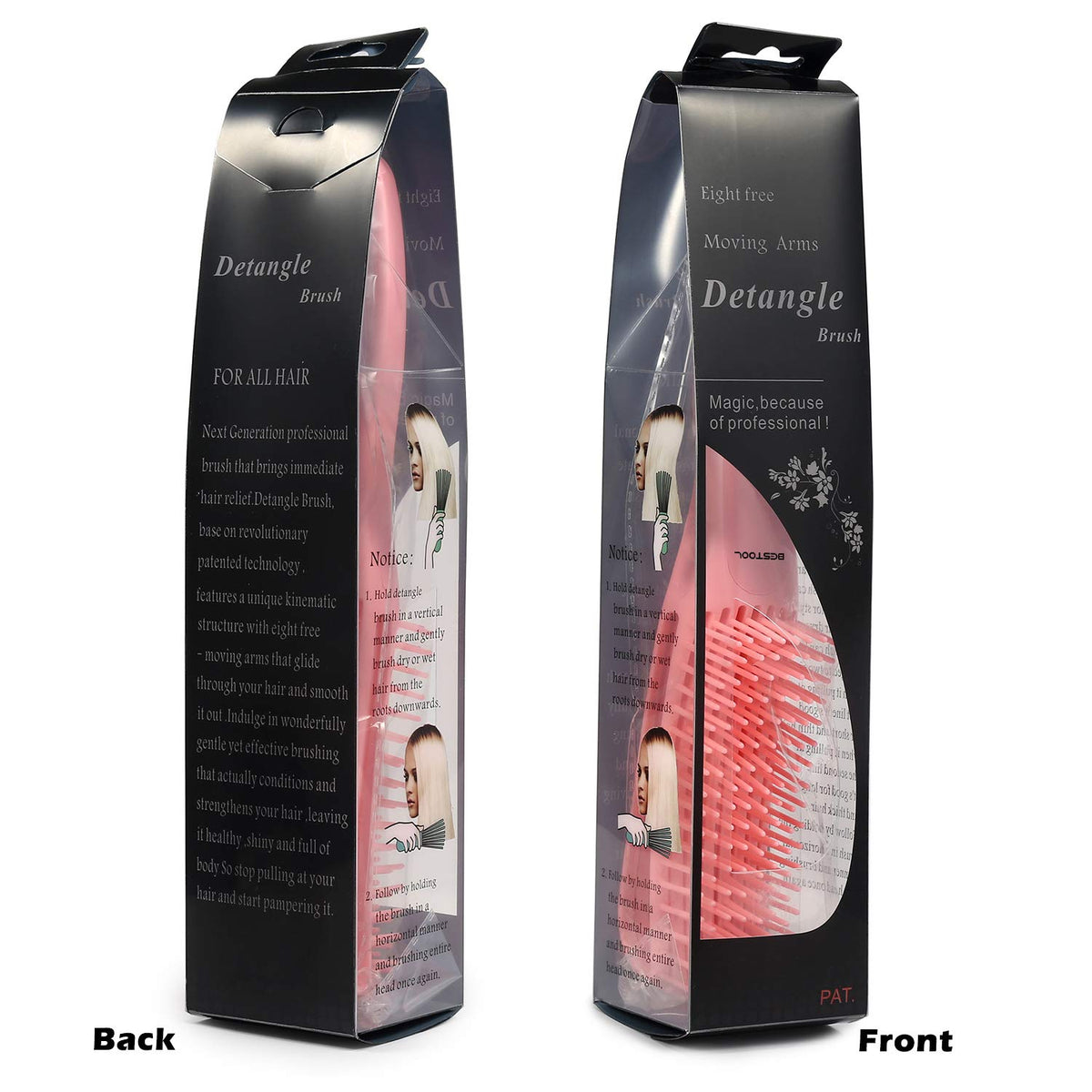 BESTOOL hair brush package content including the original pink detangler and detachable stabilizing bar.