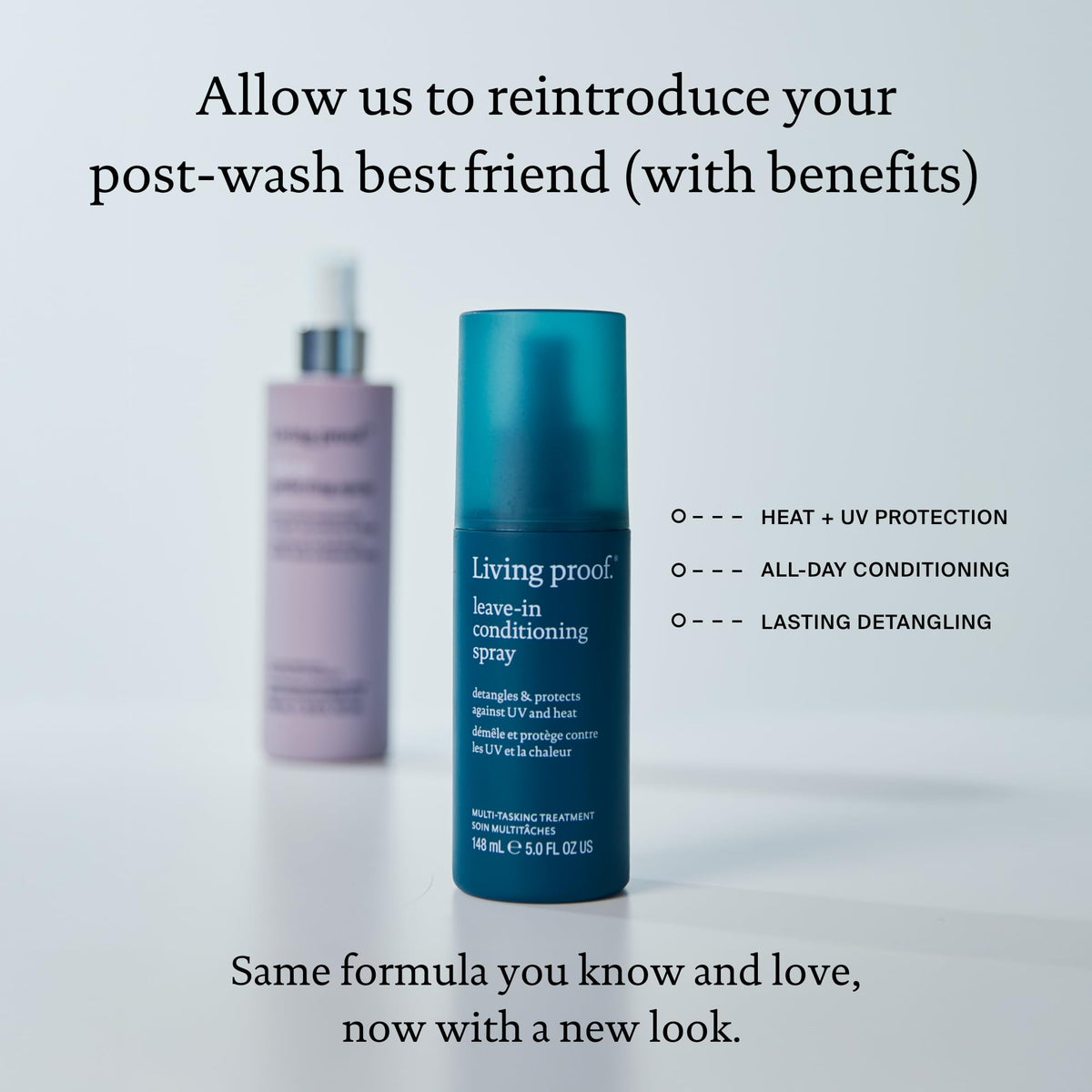 Living Proof leave in hair mist showcasing packaging size details and clean haircare formulation callouts