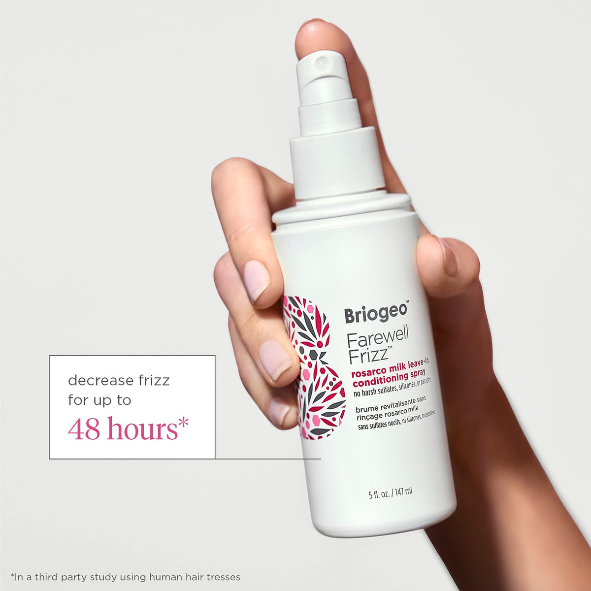 Briogeo anti frizz hair detangler spray bottle showing product details