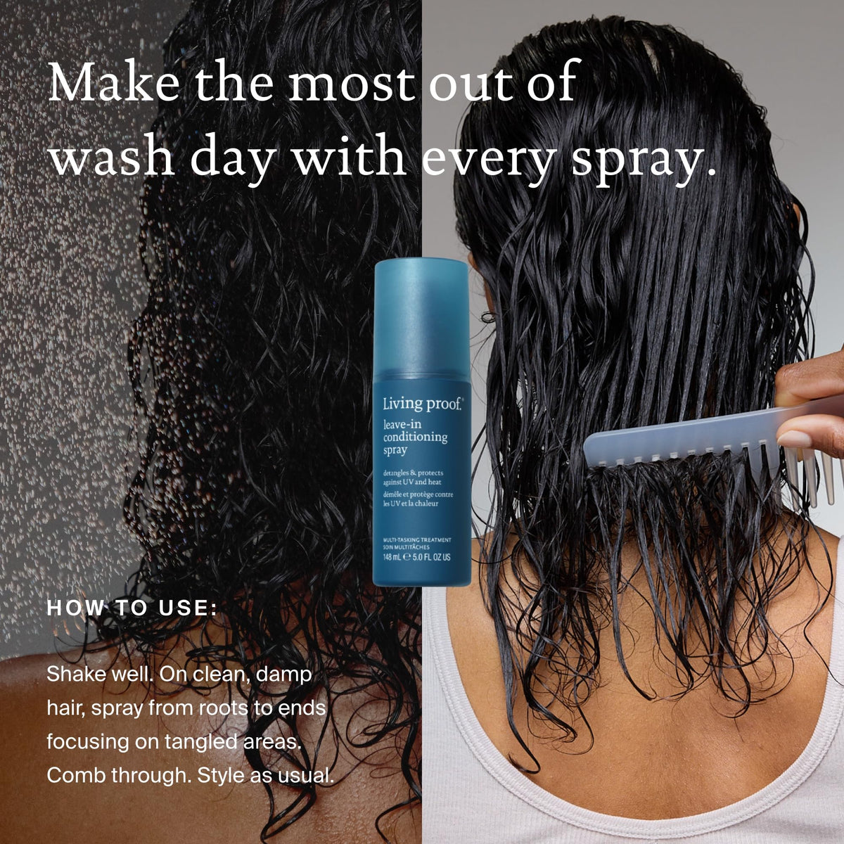 Living Proof multi protection hair detangler spray bottle standing upright on a clean retail display surface