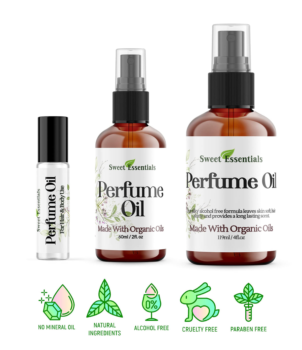 Sweet Essentials organic perfume oil bottle held in hand