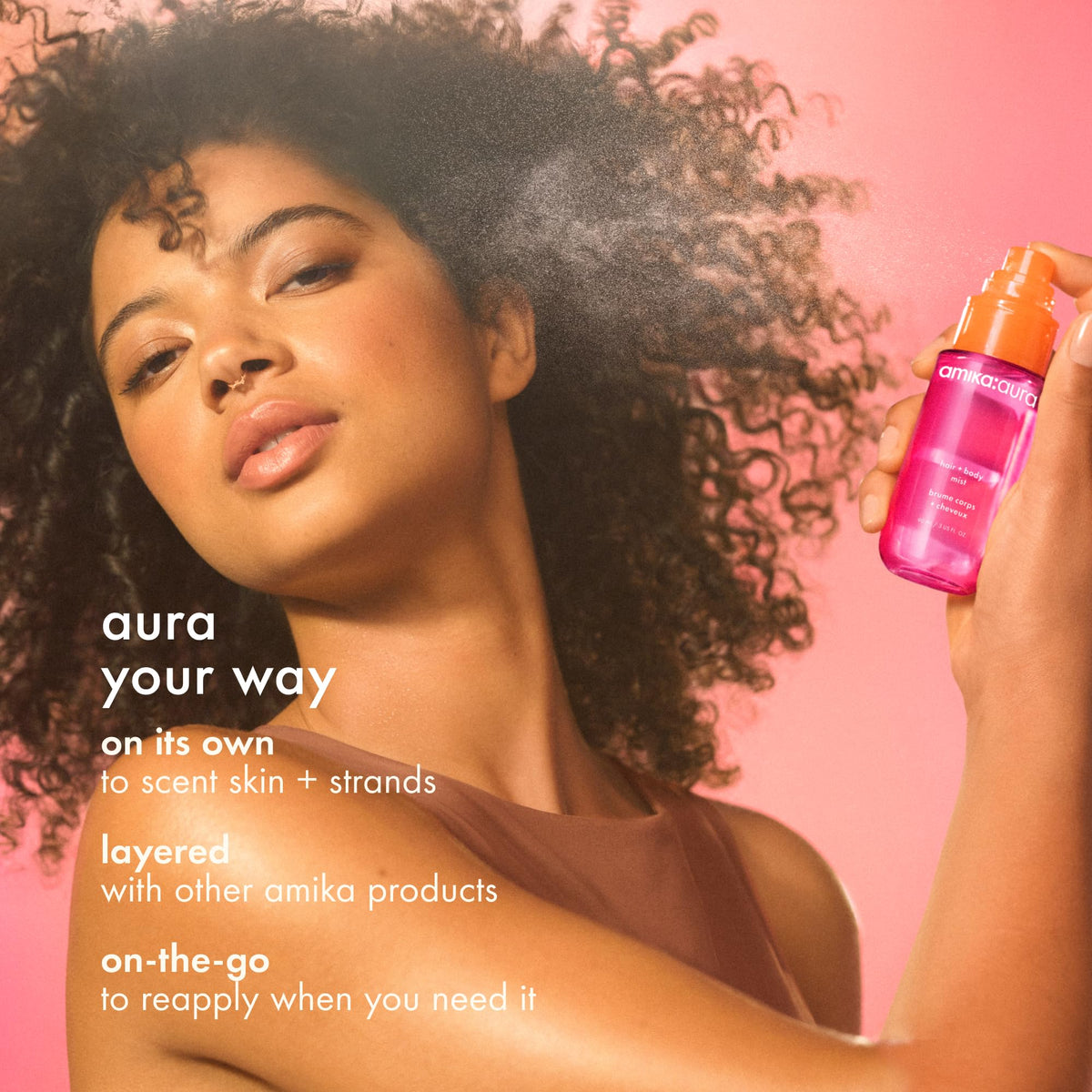 Amika Aura mist with pink grapefruit and apricot graphic