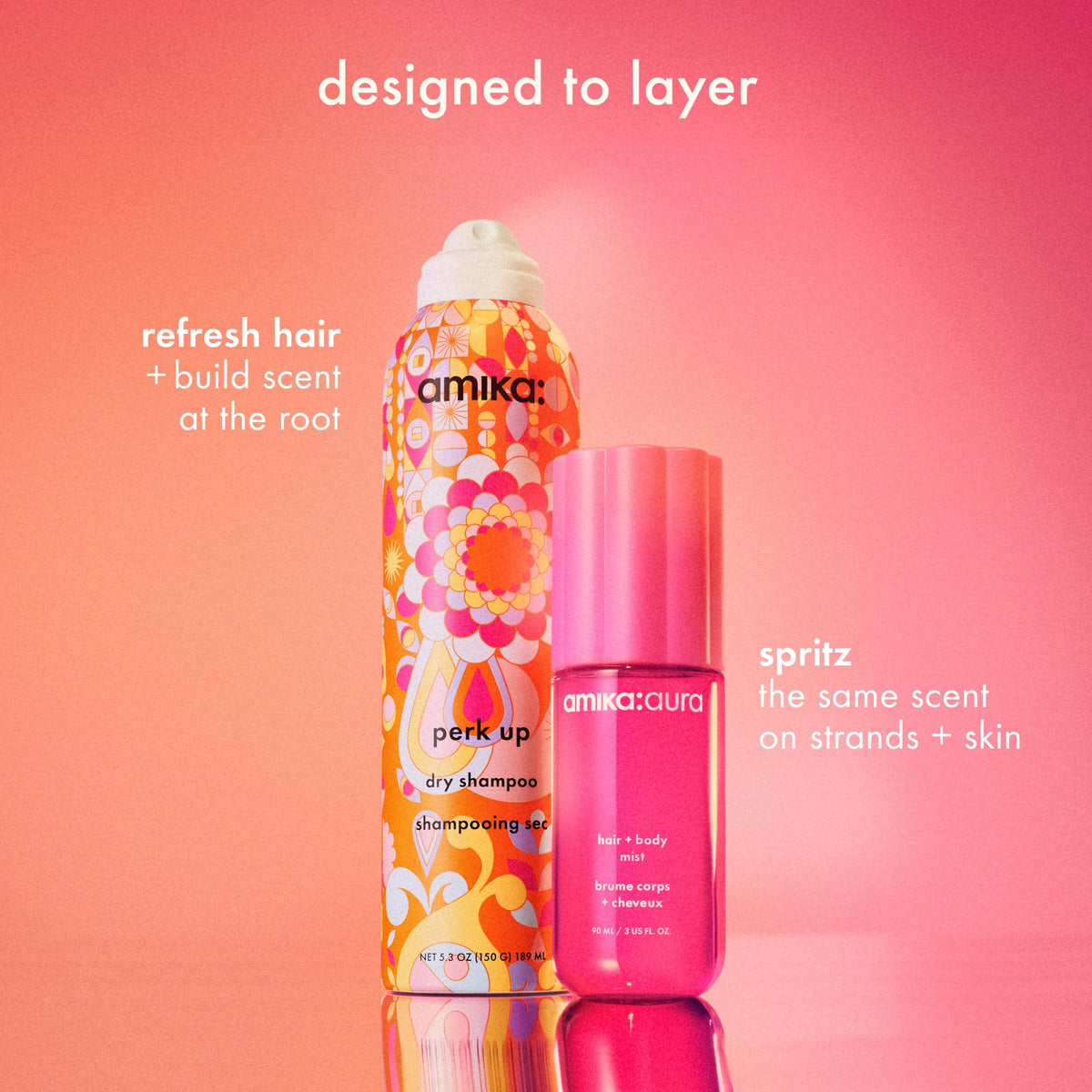 Side view of Amika Aura Hair and Body Mist 90ml