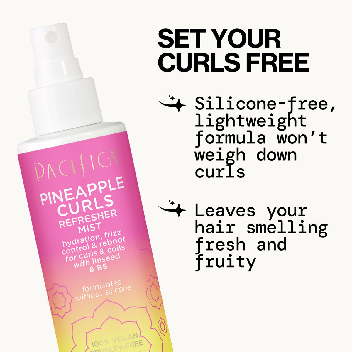 Ingredients and benefit details on Pacifica hair mist bottle
