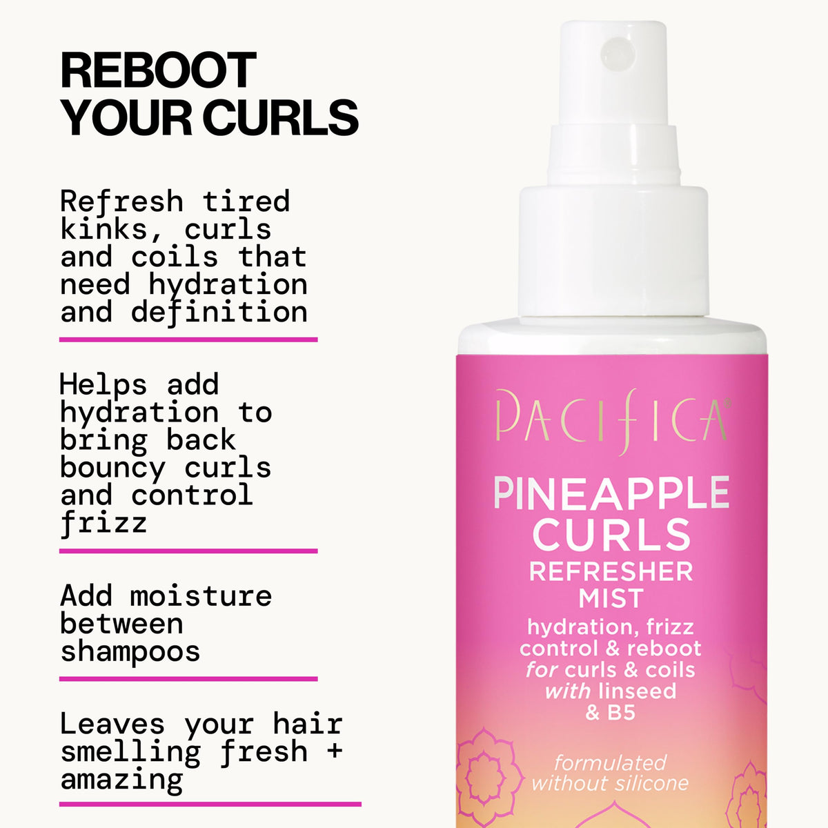 Pacifica Pineapple Curls Refresher Mist 4 fluid ounce bottle side profile