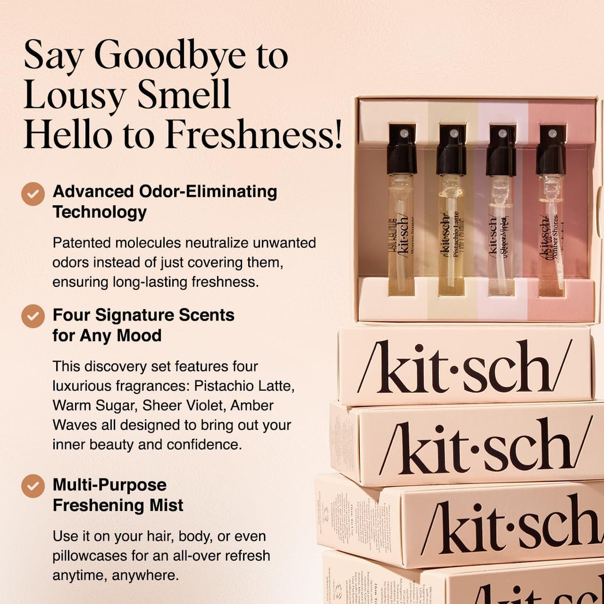 Kitsch Pistachio Latte and Warm Sugar hair perfume sample bottles