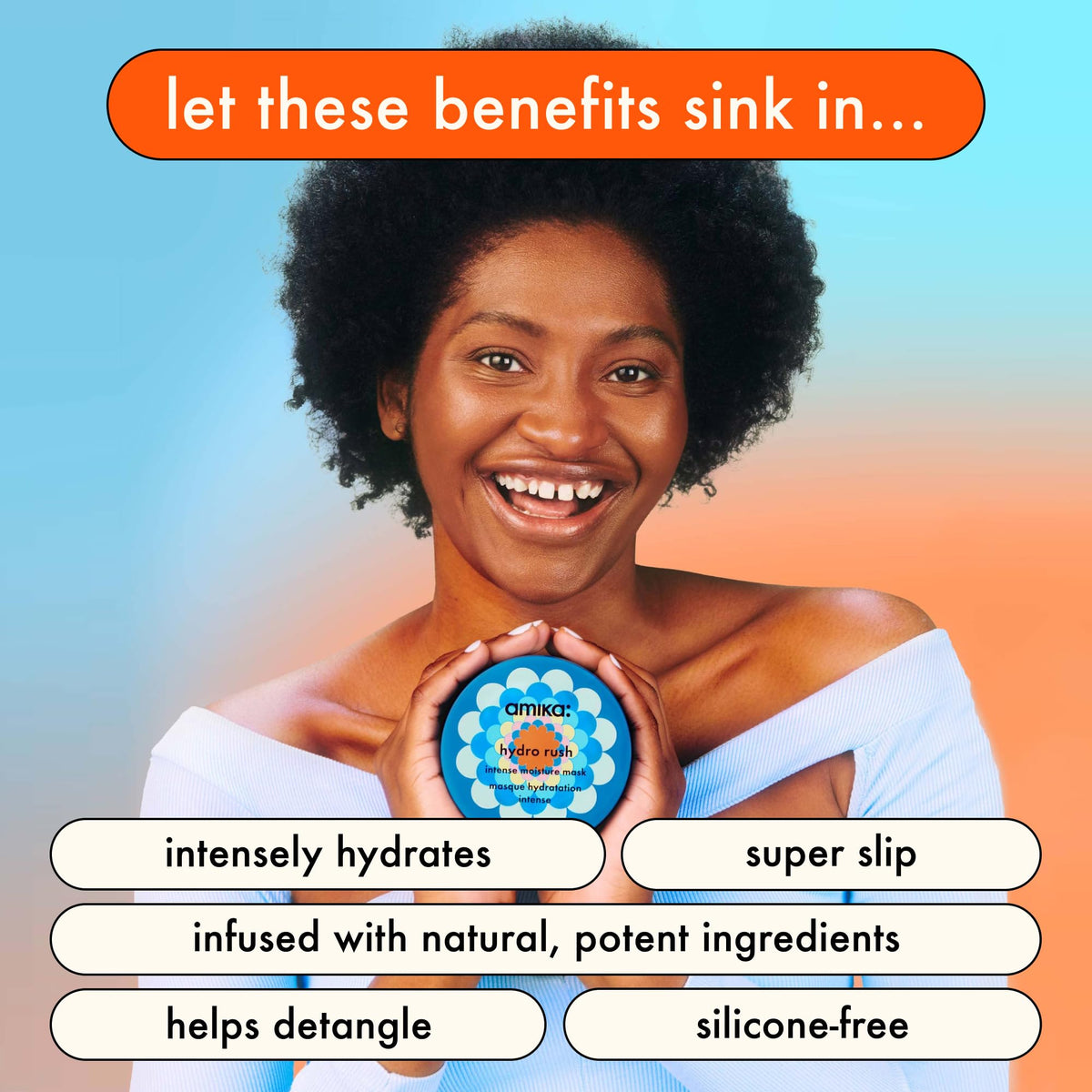 Amika Hydro Rush hair mask packaging showing hyaluronic acid label