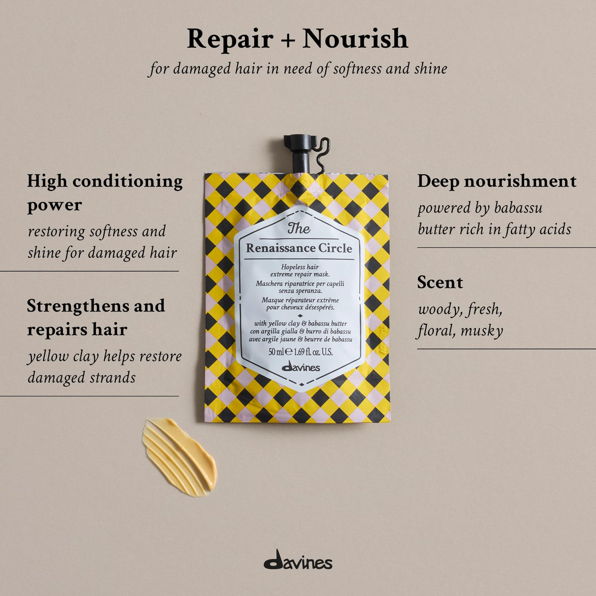 Davines hair mask packaging details for damaged hair