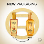 L'Oreal Paris Elvive hair oil bottle highlighting the 96 hour frizz control label detail.