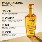Back label of L'Oreal Paris Elvive Extraordinary Oil showing ingredients and 230°C heat protection text.