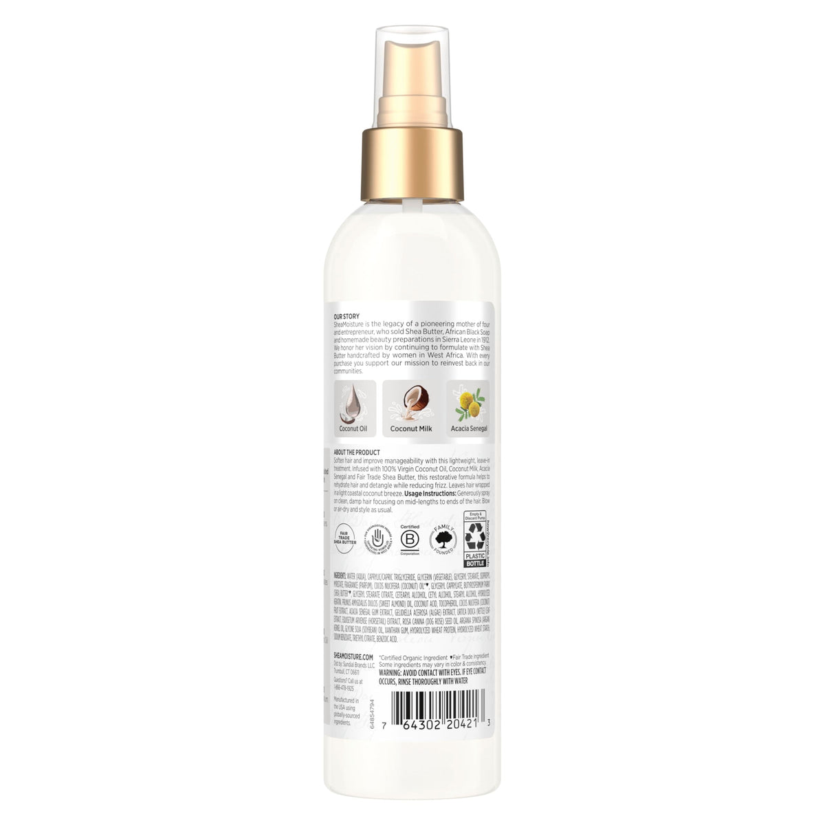 Back label of Shea Moisture 100 Percent Virgin Coconut Oil treatment displaying the clean ingredients.