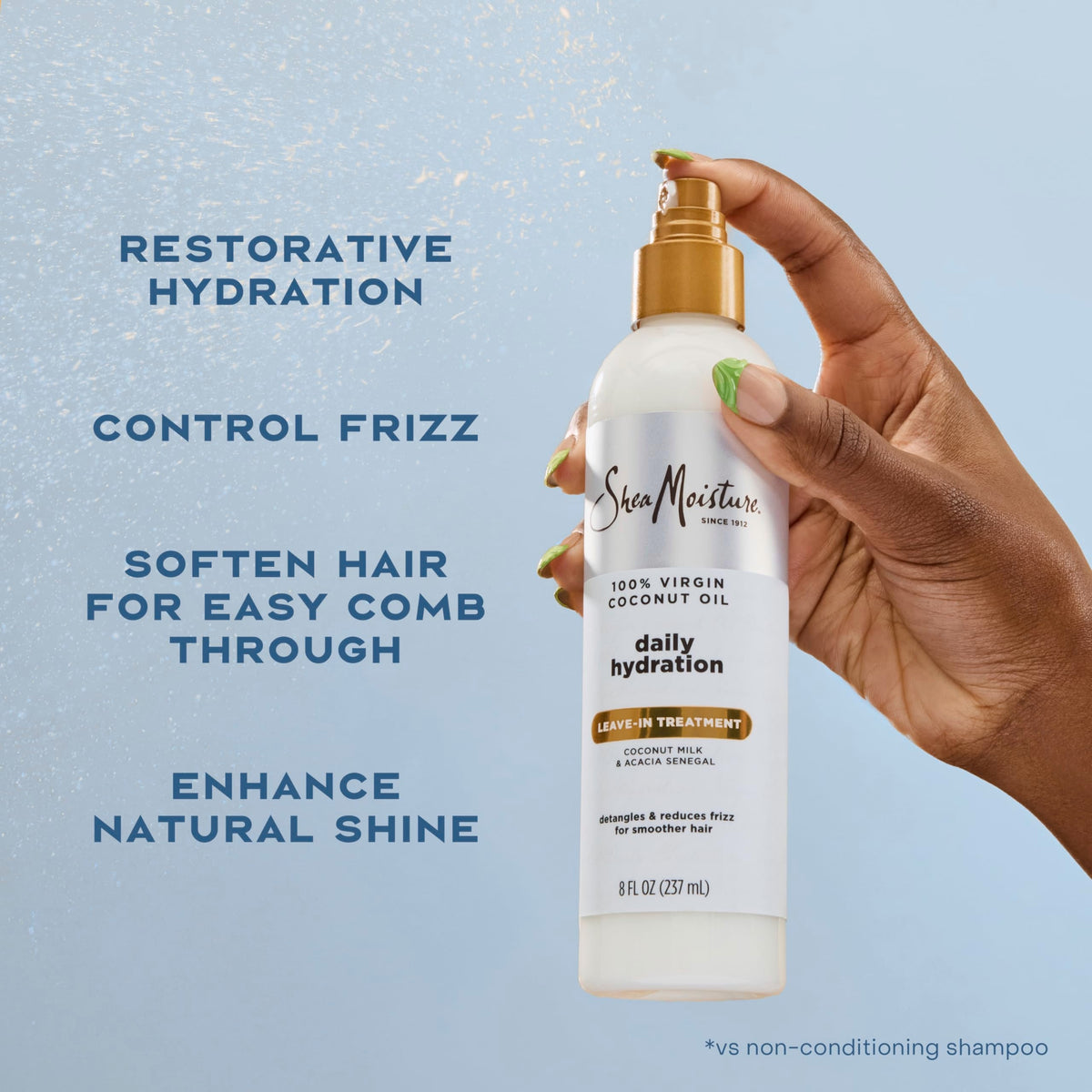 Shea Moisture 8 Ounce leave-in conditioner bottle displaying the fair-trade shea butter certification.