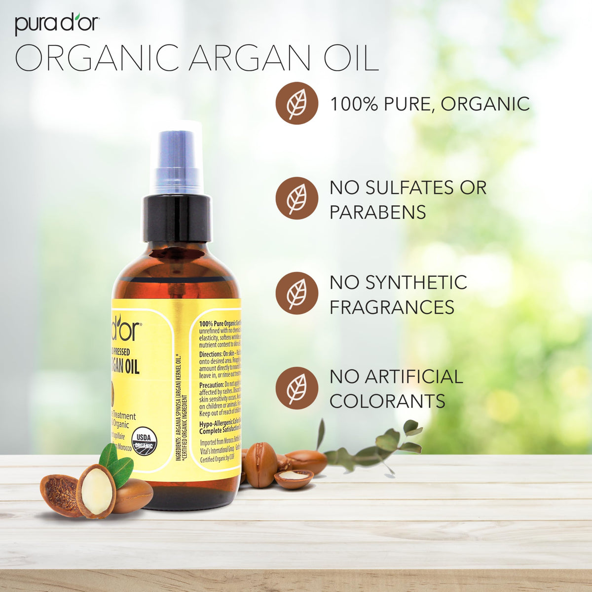 Certified organic imported Moroccan argan oil by PURA D'OR for natural face and body care
