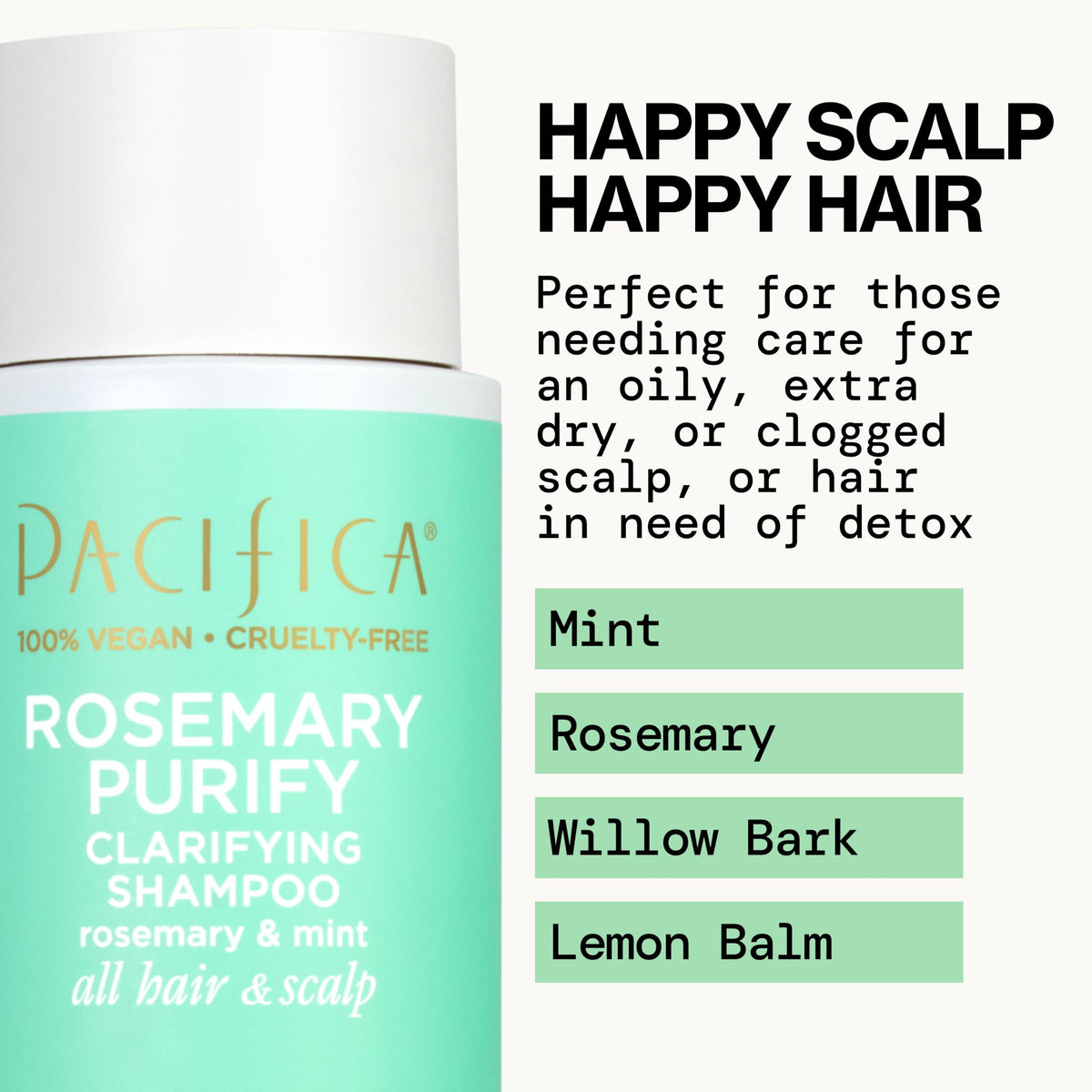 Pacifica clarifying shampoo bottle with mint and rosemary imagery