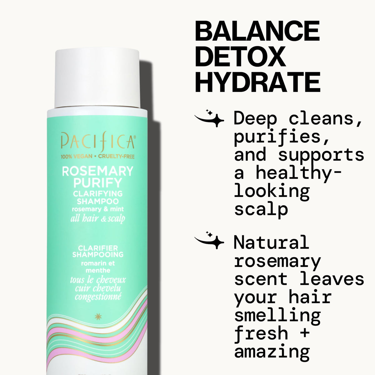 Back label of Pacifica Rosemary Purify shampoo showing ingredients