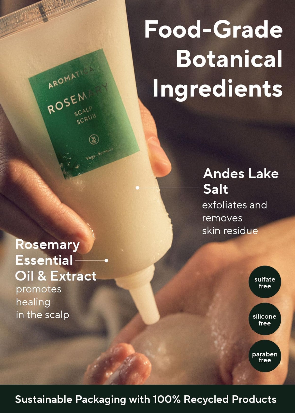 Back of Aromatica Rosemary Scalp Scrub tube showing product ingredients and details