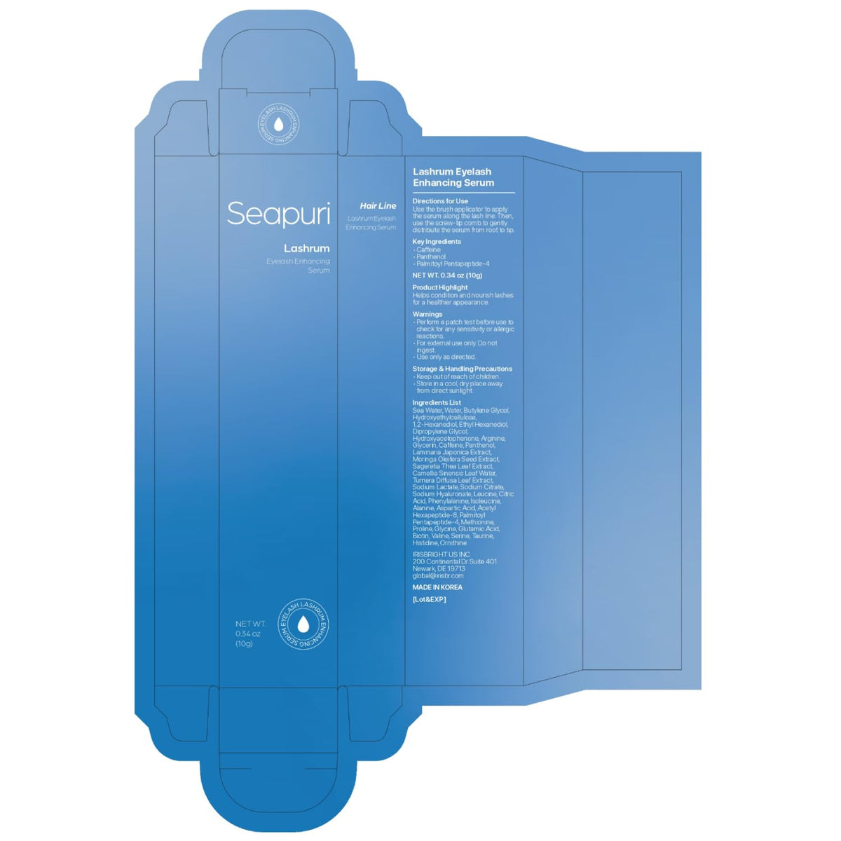 Seapuri Lashrum packaging back side with product details