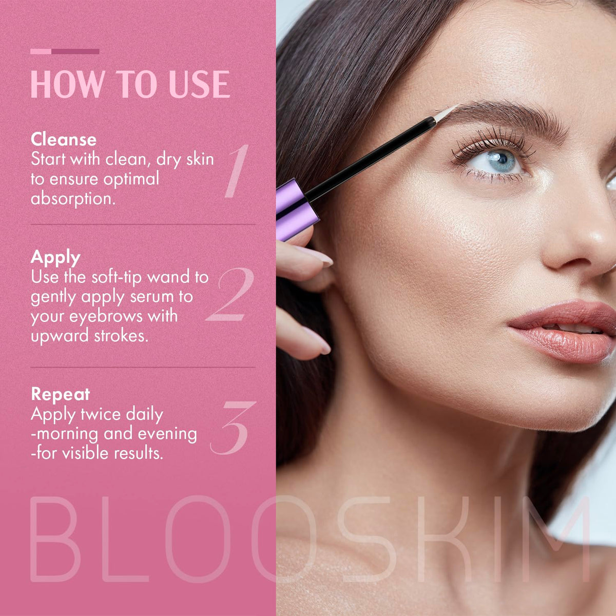 Blooskim eyebrow serum bottle showing ingredient highlights