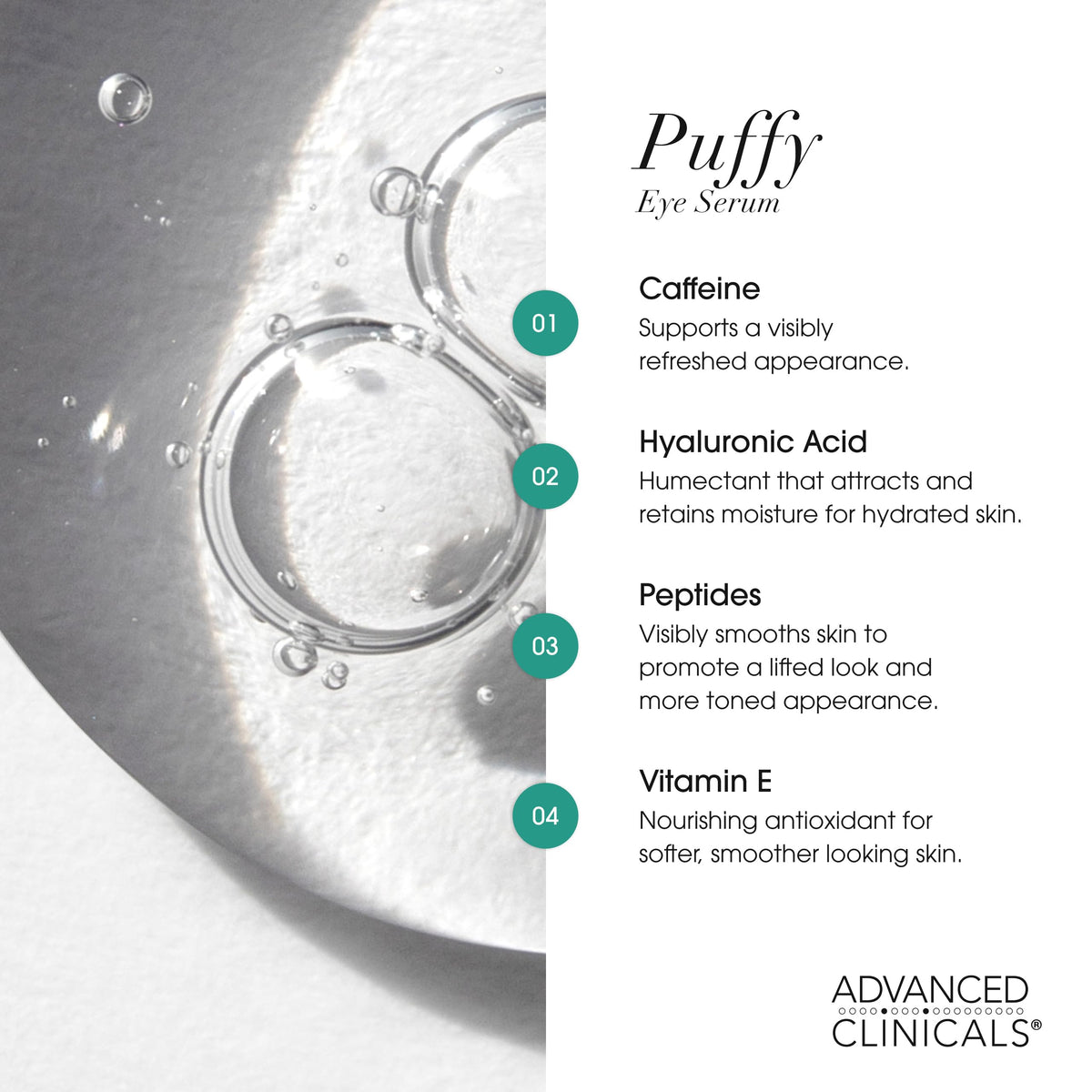 Advanced Clinicals Puffy Eye Serum bottle with ingredient highlight