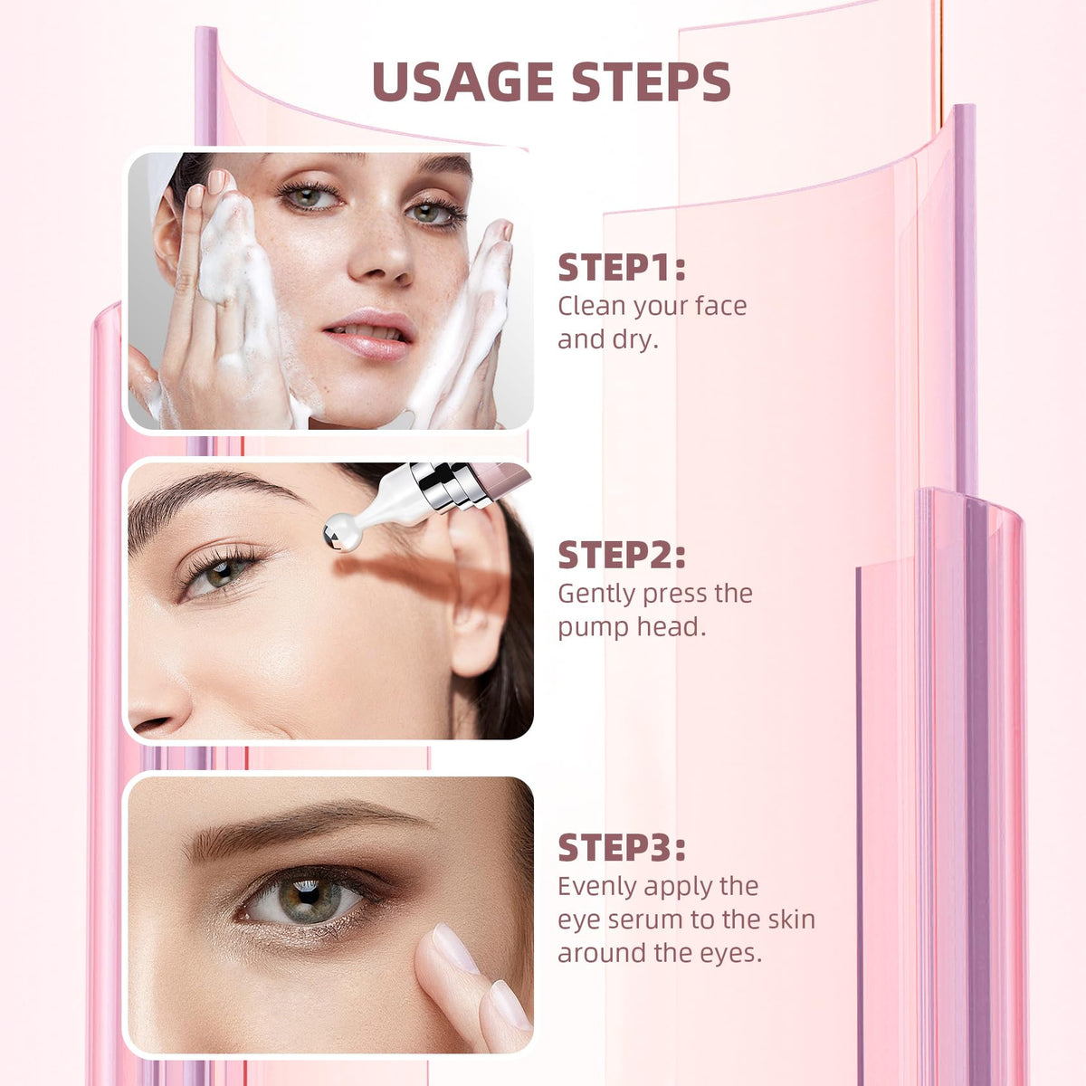 RWT eye serum bottle with ingredient and benefit highlights