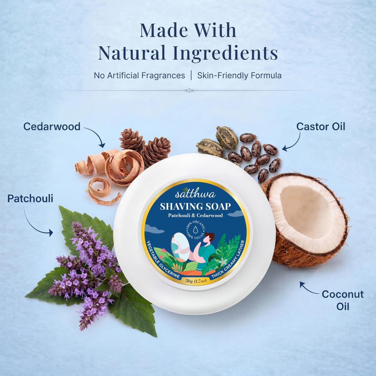 Natural organic ingredients label on Satthwa shaving soap