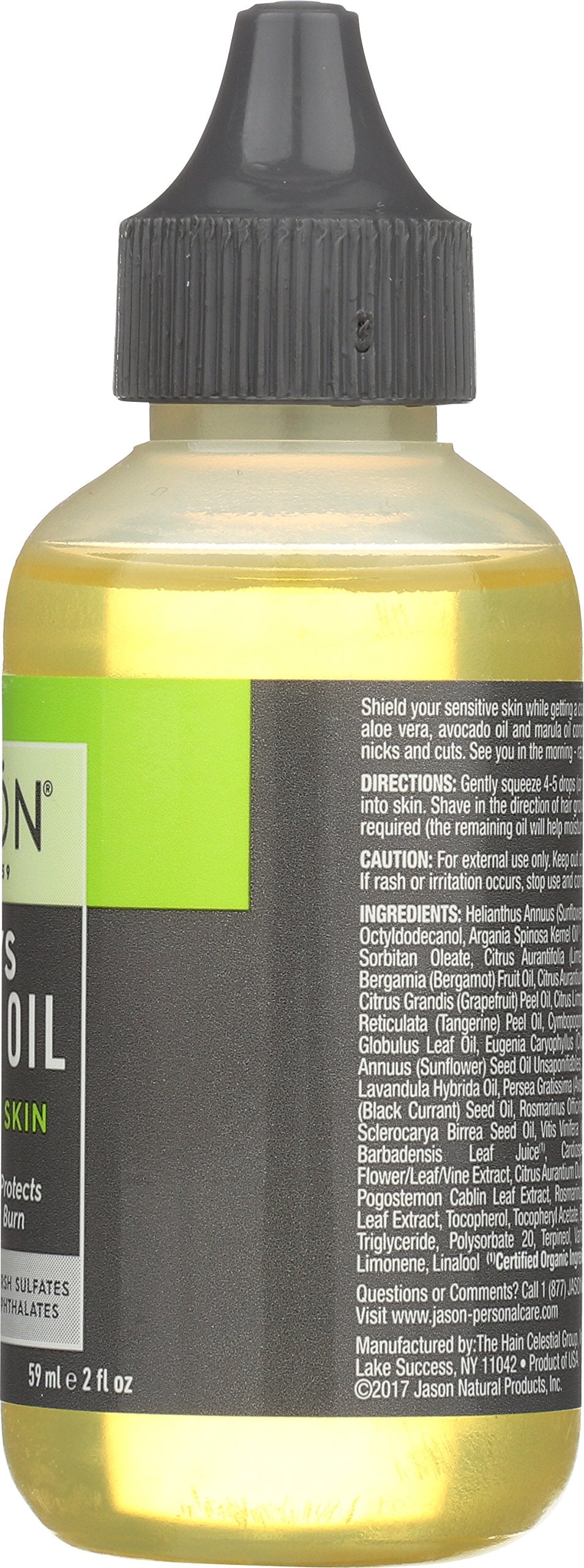 Imported JASON mens daily moisturizing shave oil bottle close up
