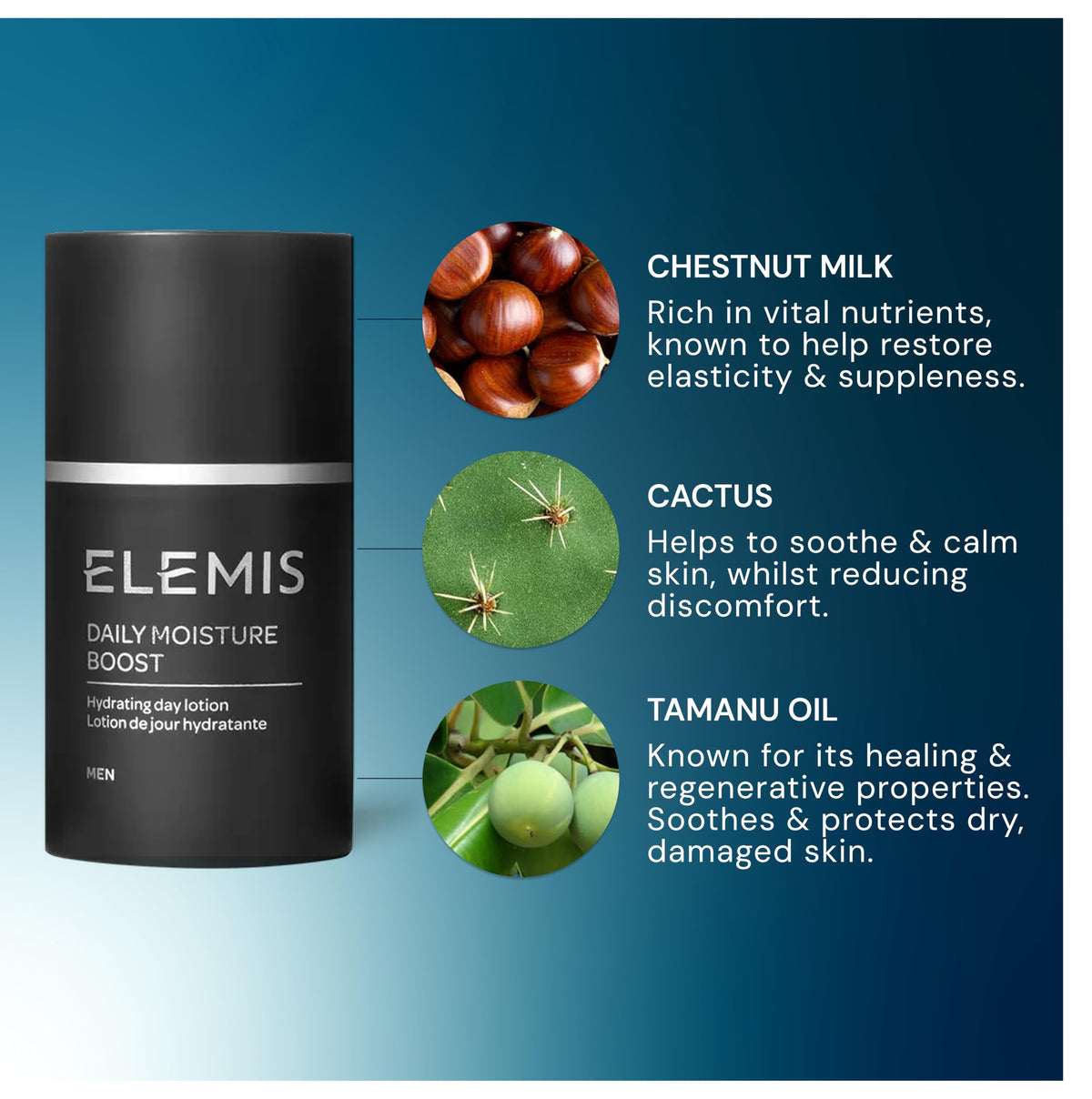 Side view of the ELEMIS daily moisture boost bottle highlighting product details
