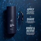 Close up of Particle Anti Aging Shaving Gel branding on bottle