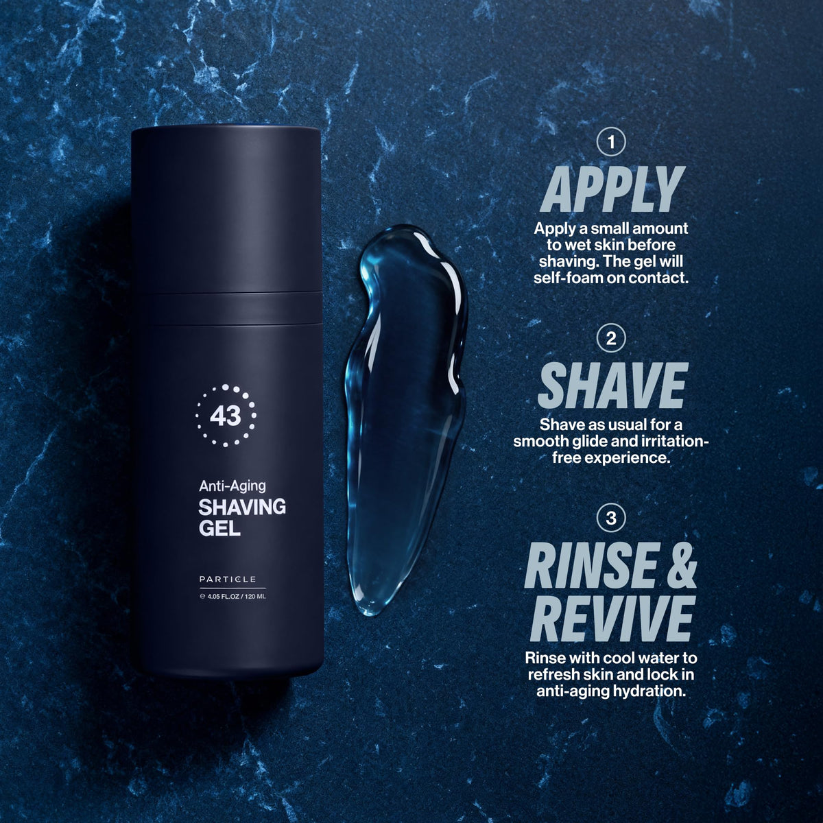 Close up of Particle Anti Aging Shaving Gel branding on bottle