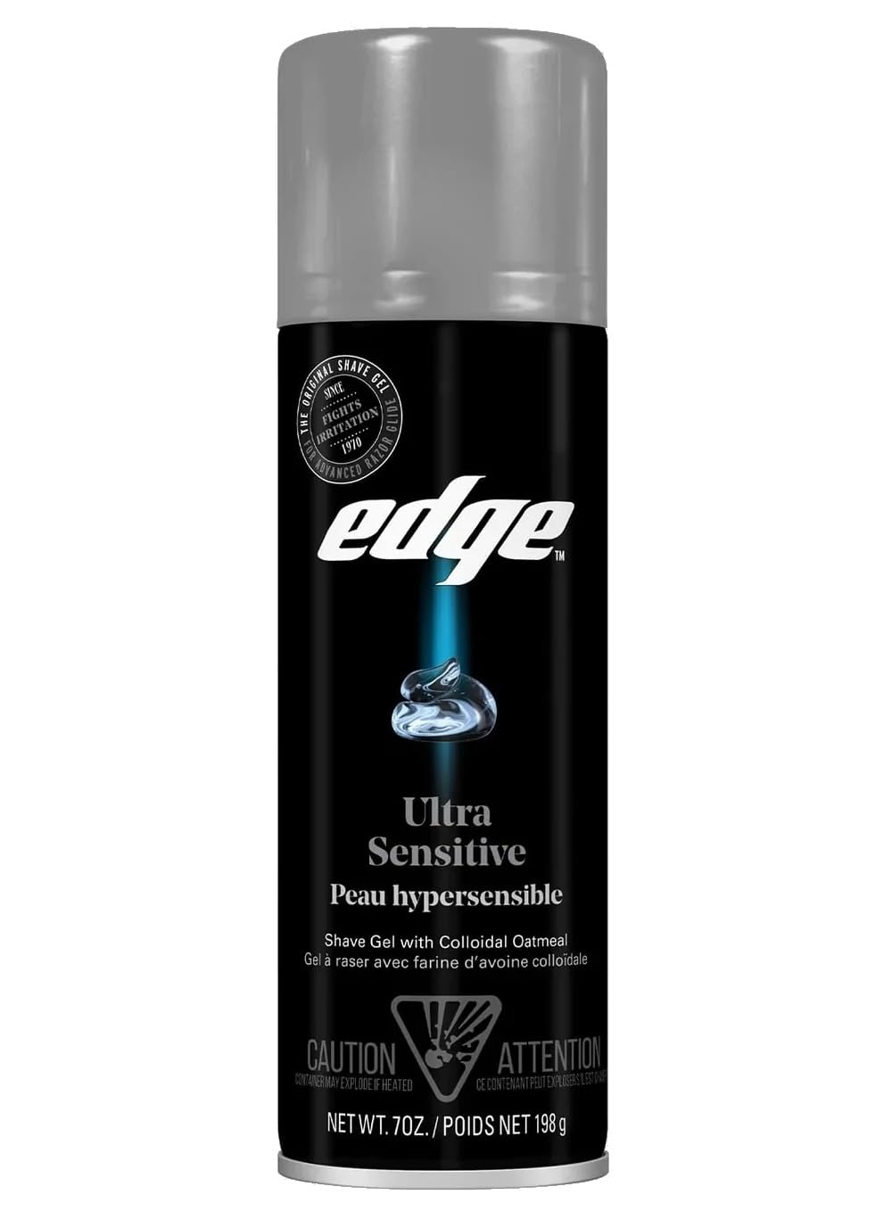 Edge fragrance free shave gel canisters showing imported USA packaging details