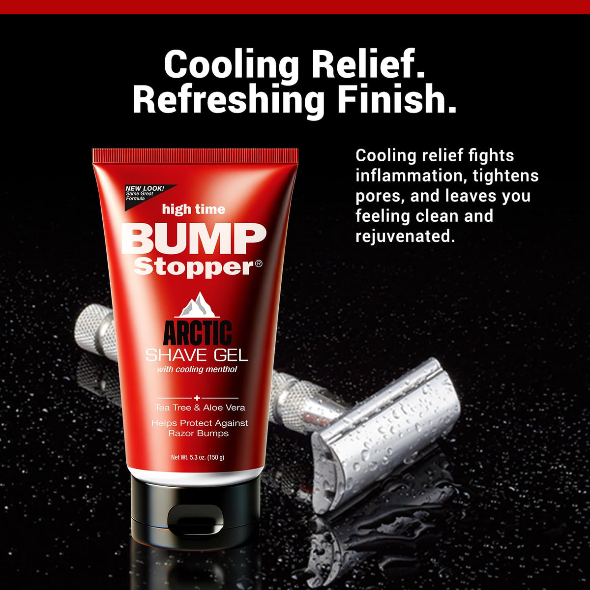 High Time cooling face shave gel with tea tree oil and aloe vera packaging details.
