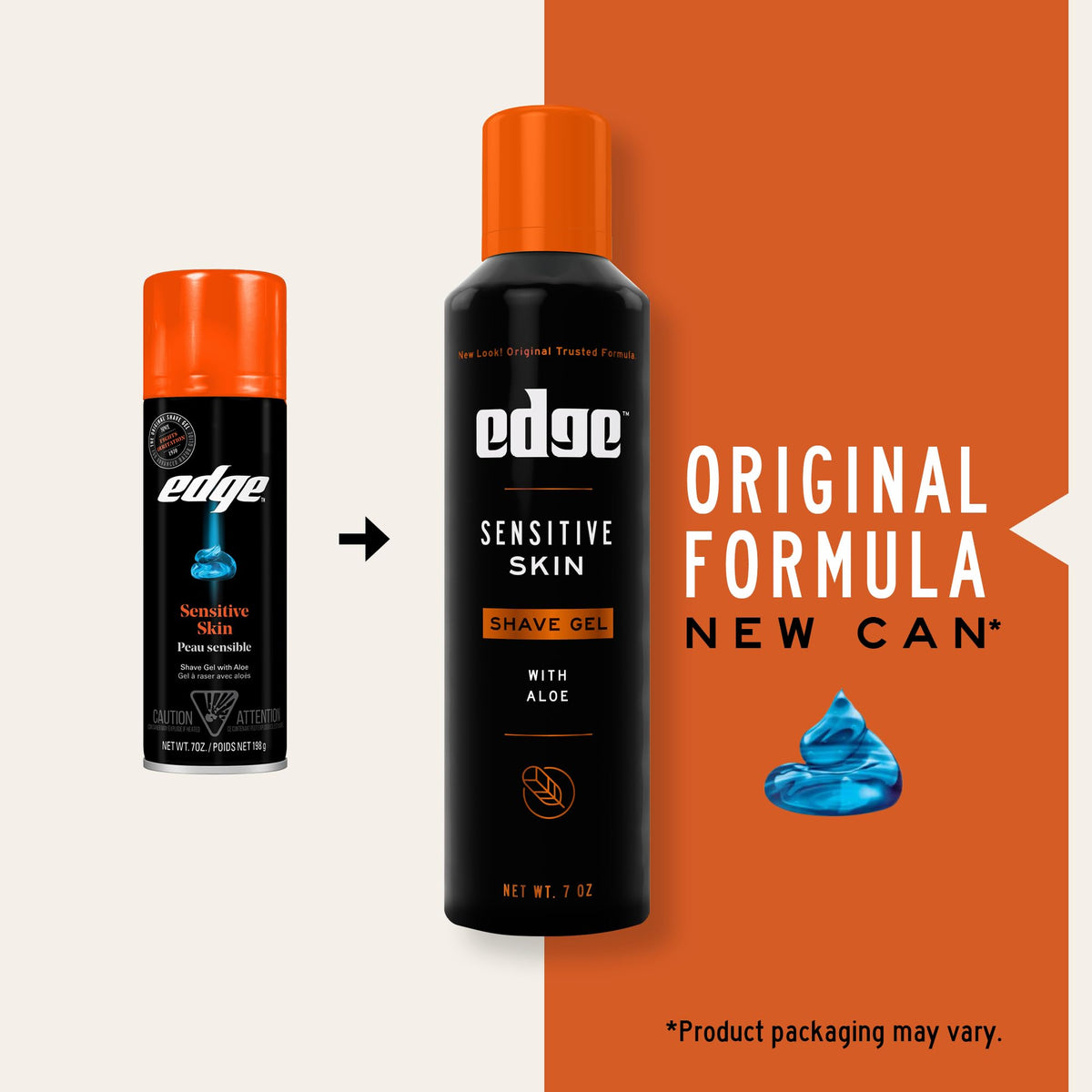 Close up of Edge Sensitive Skin shave gel can packaging