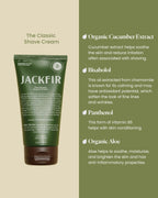 Jackfir natural shaving cream for men displaying organic ingredient callouts