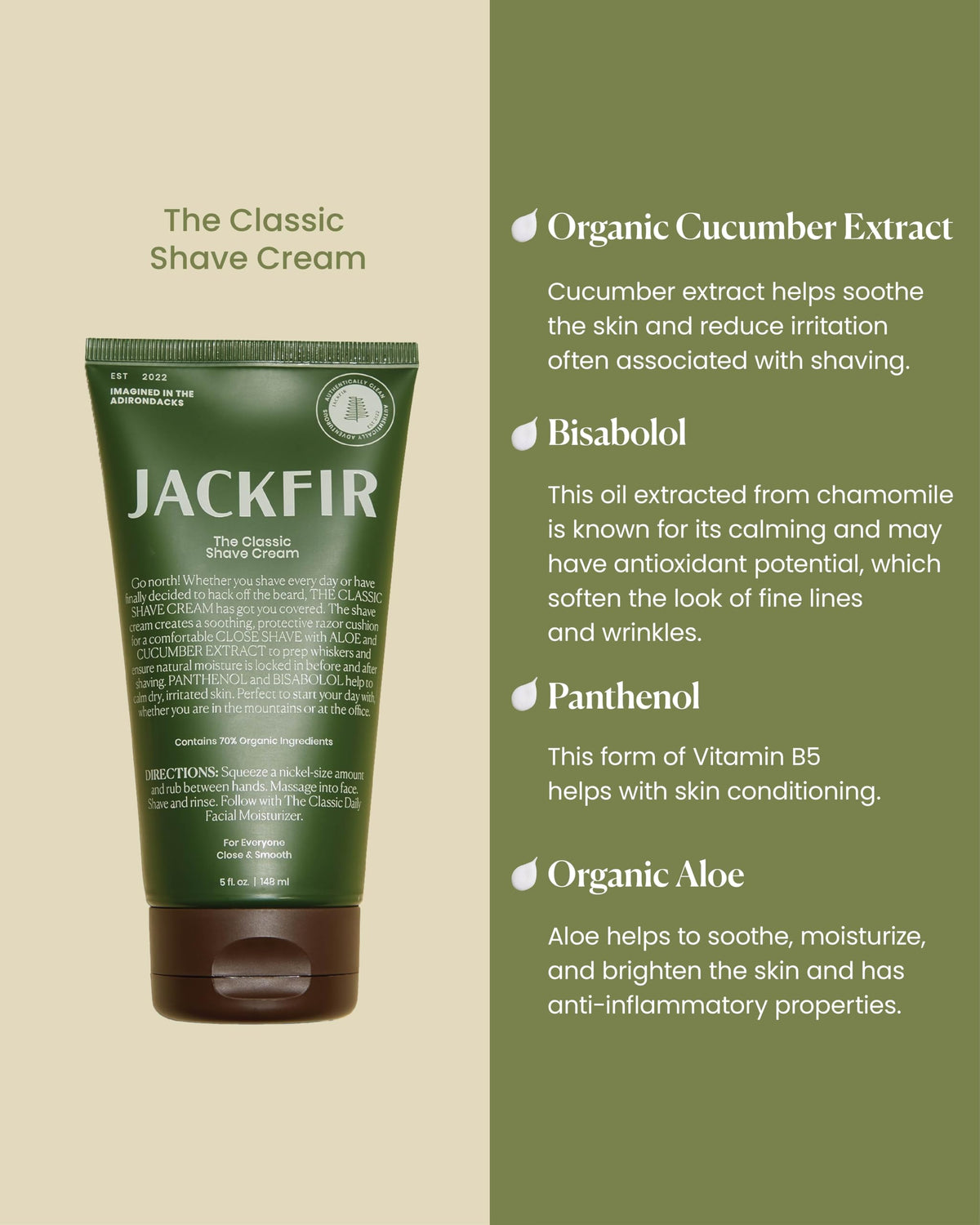 Jackfir natural shaving cream for men displaying organic ingredient callouts