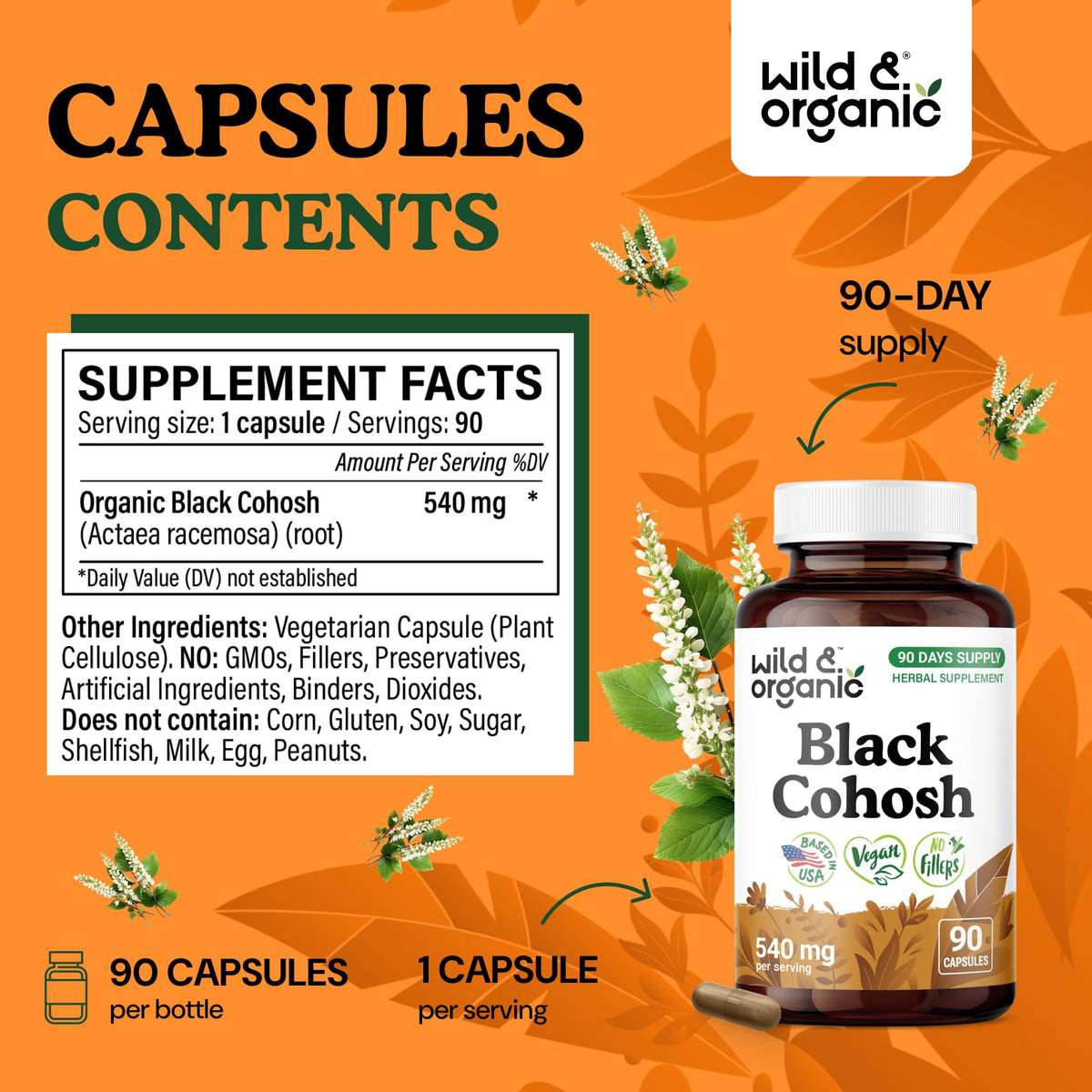 Wild & Organic 540mg Black Cohosh capsules nutritional information