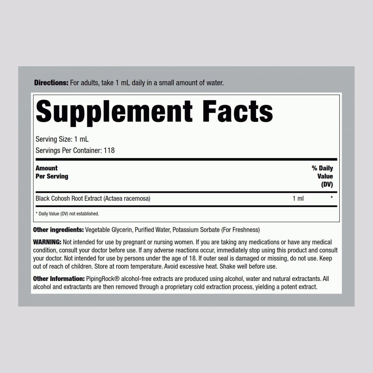 Liquid root extract drops bottle side profile with detailed nutritional ingredient label