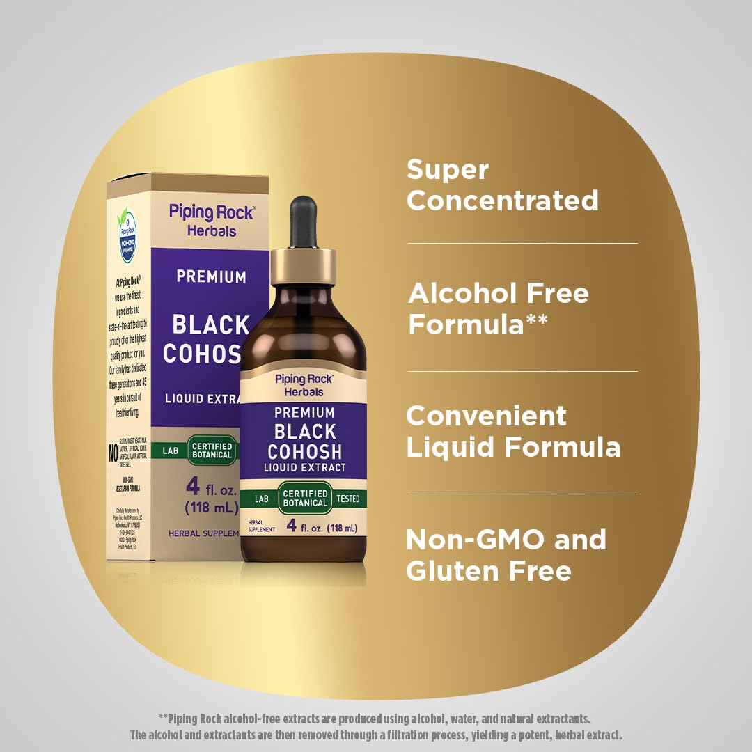 Non-GMO black cohosh liquid supplement packaging details and purity certifications