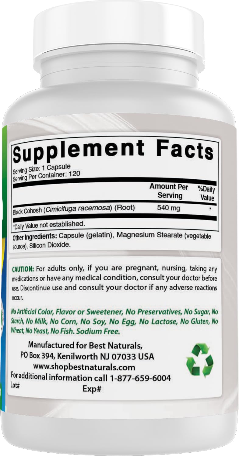 Best Naturals Black Cohosh 540mg capsule bottle back label