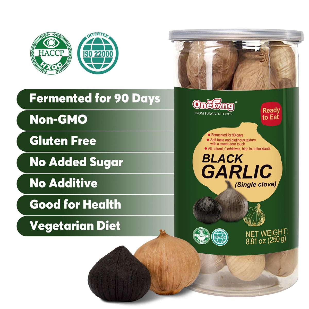 Zero additive antioxidant superfood black garlic jar for healthy gourmet snacking.