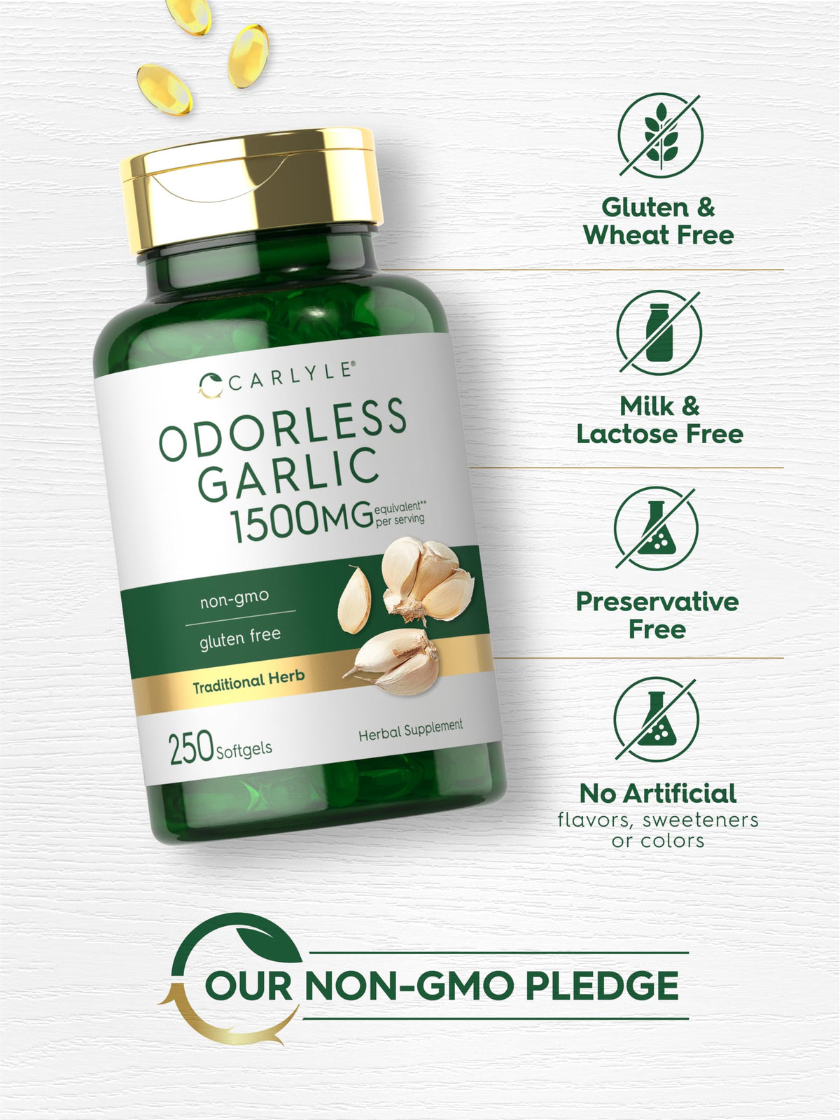 Quick release garlic extract capsules displayed next to the imported Carlyle bottle