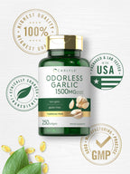 Close up of Carlyle odorless garlic supplement nutritional benefits and usage directions